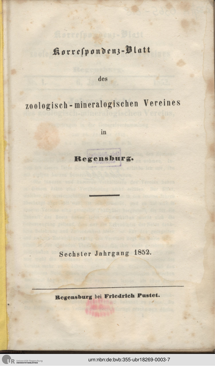 					Ansehen Bd. 6 (1852): Correspondenz-Blatt des zoologisch-mineralogischen Vereines in Regensburg
				